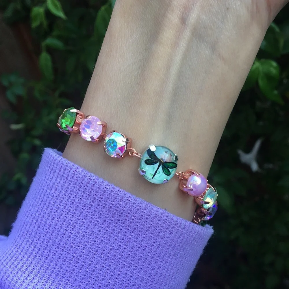 Pink Opal Aurora Borealis + Peridot Dragonfly Charm Crystal Tennis Bracelet - Picture 16 of 16